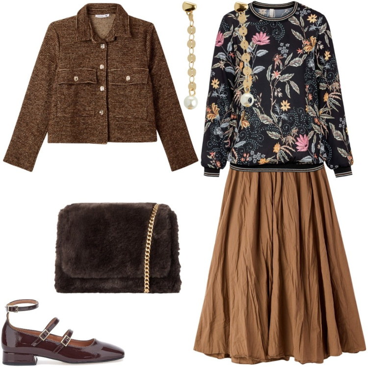 Outfit donna - La blusa a fiori. Stile Romantica per Tutti i giorni. Abbinamento con bluse, orecchini, gonne lunghe, blazer, borse a tracolla, ballerine.