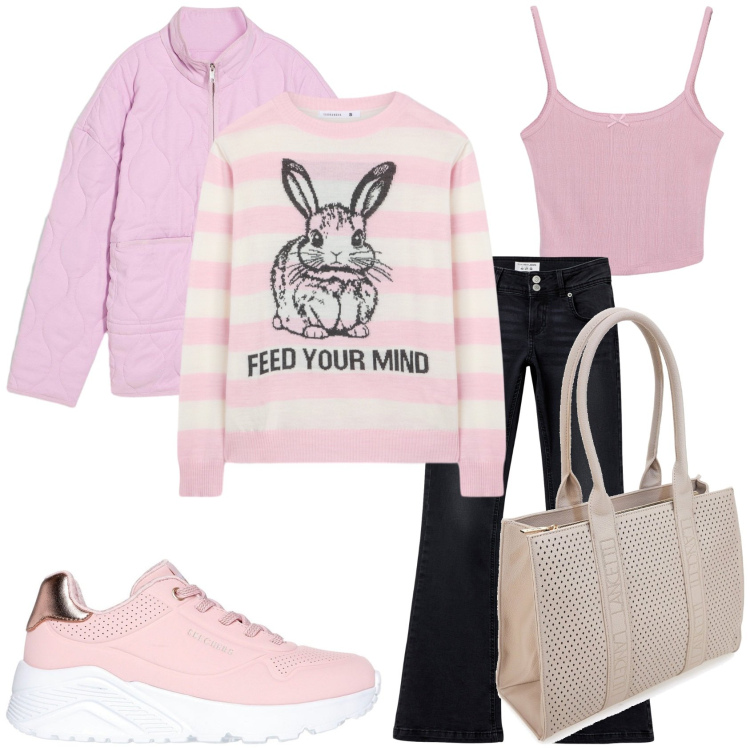 Outfit donna - Rosa per la spese. Stile Casual chic per Tutti i giorni. Abbinamento con giacche, jeans a zampa, maglieria, magliette intime, sneakers, borse a spalla.