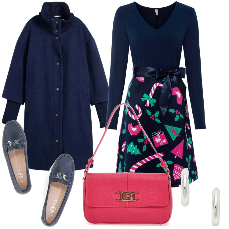 Outfit donna - La serata di Natale. Stile Trendy per Serata fuori. Abbinamento con vestiti corti, cappotti, orecchini, borse a spalla, mocassini.