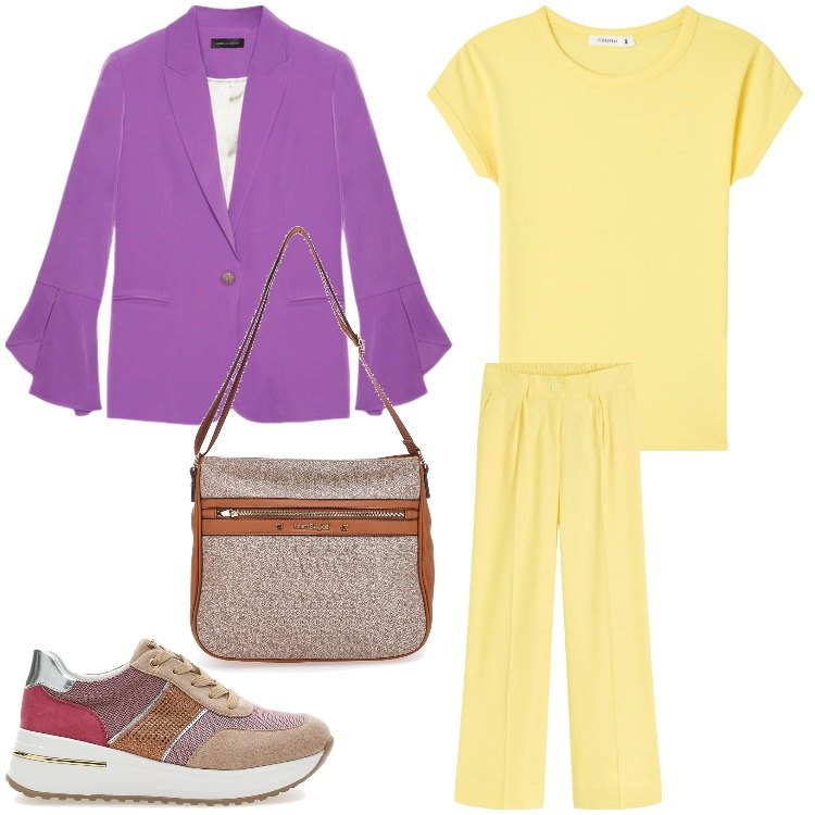 Outfit donna - Vivace. Stile Casual per Tutti i giorni. Abbinamento con pantaloni a palazzo, t-shirt, scarpe stringate, borse a tracolla, blazer.
