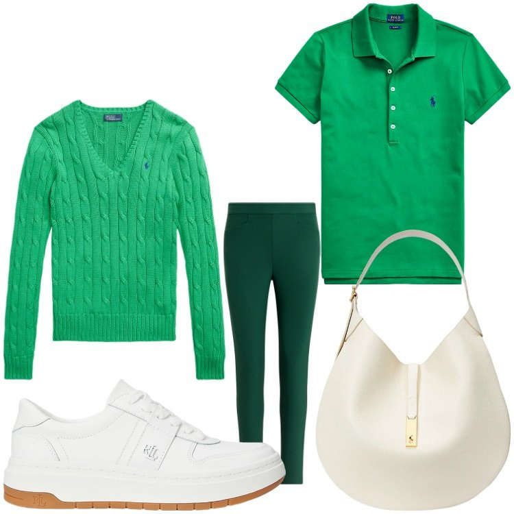 Outfit donna - Sporty verde. Stile Sporty chic per Tutti i giorni. Abbinamento con maglieria, polo, sneakers, borse a spalla, pantaloni.