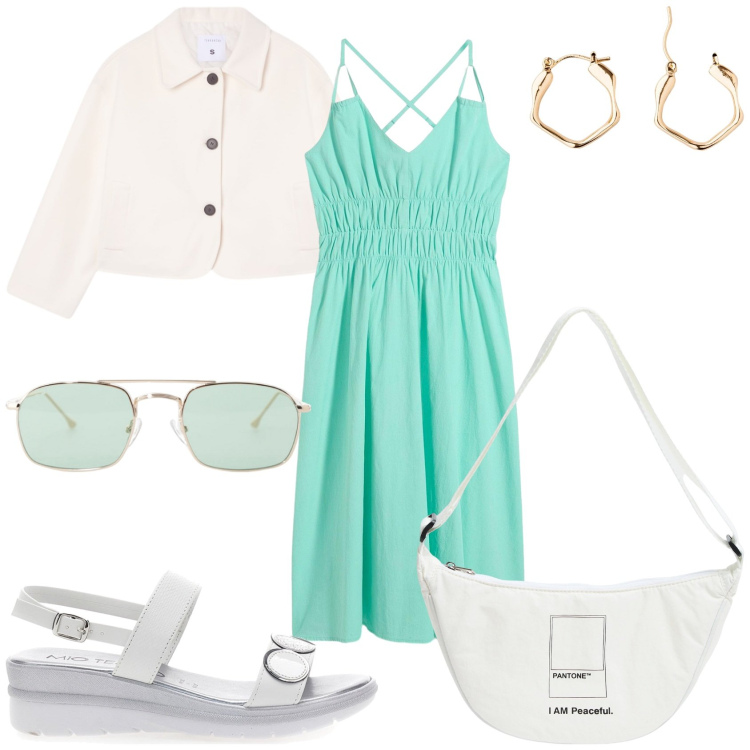 Outfit donna - Prossima estate. Stile Casual chic per Tutti i giorni. Abbinamento con orecchini, vestiti, blazer, marsupi, occhiali da sole, sandali.