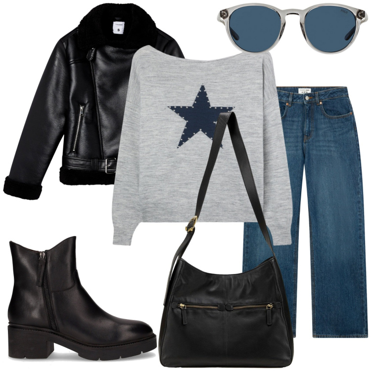 Outfit donna - Giornata in città. Stile Casual per Tutti i giorni. Abbinamento con borse a mano, giacche, jeans, maglieria, occhiali da sole, stivaletti.