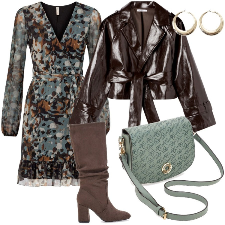 Outfit donna - Mix di colori d\'autunno. Stile Chic per Serata fuori. Abbinamento con vestiti corti, giacche, orecchini, borse a tracolla, stivali sopra il ginocchio.