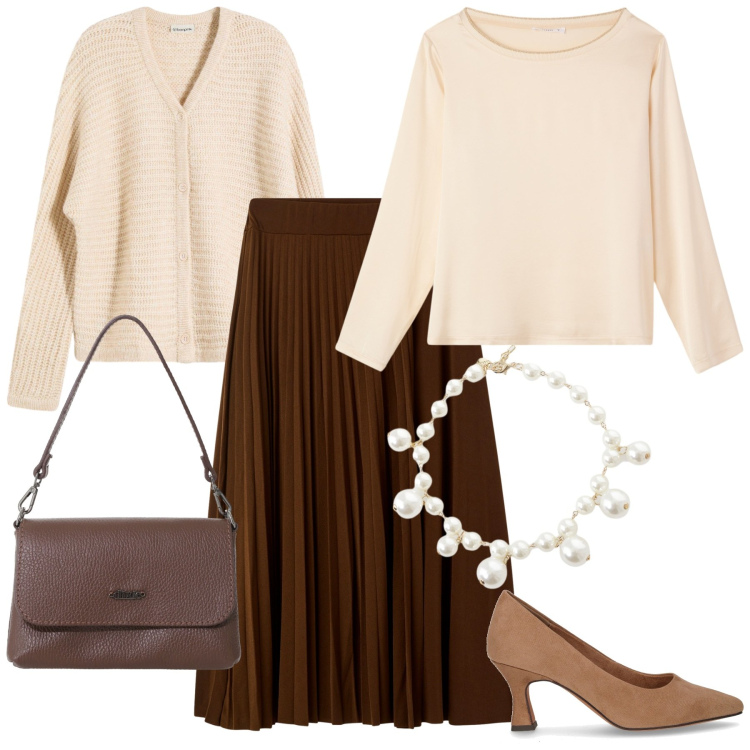Outfit donna - Atmosfere romantiche. Stile Romantica per Tutti i giorni. Abbinamento con cardigans, bluse, gonne lunghe, collane, borse a tracolla, décolleté.