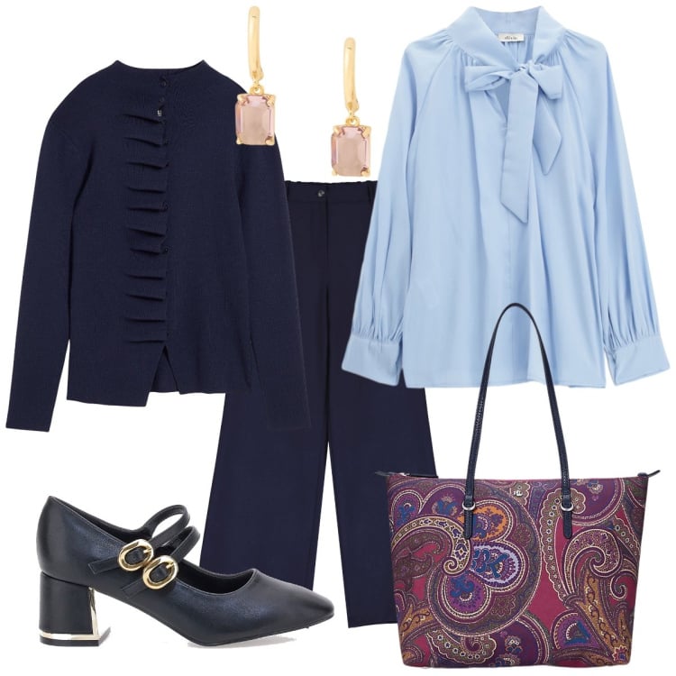 Outfit donna - Romantica in ufficio. Stile Bon Ton per Ufficio. Abbinamento con cardigans, bluse, pantaloni a palazzo, borse tote, orecchini, décolleté.
