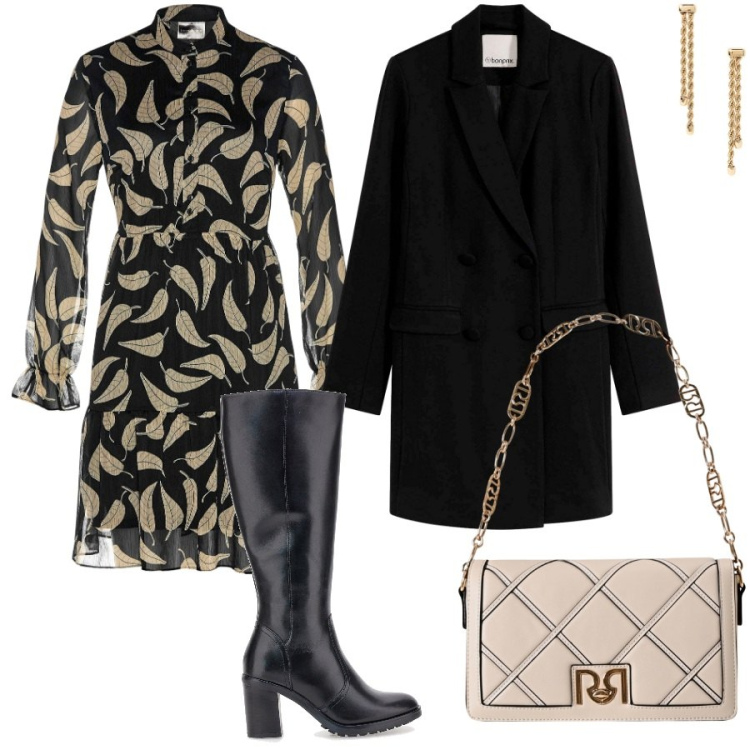 Outfit donna - Foglie d\'autunno. Stile Romantica per Serata fuori. Abbinamento con vestiti, blazer, borse a tracolla, orecchini, stivali sopra il ginocchio.