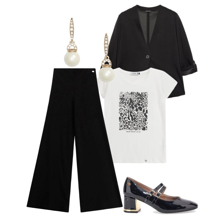 Outfit donna - Sera con confort. Stile Sporty chic Abbinamento con t-shirt, pantaloni a palazzo, orecchini, décolleté, blazer.