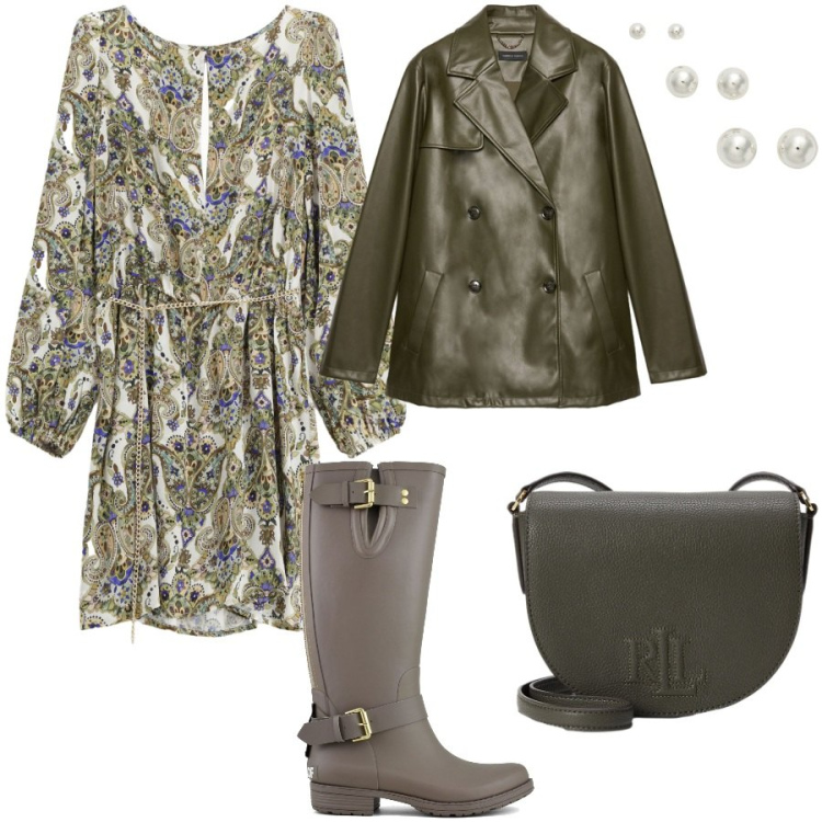 Outfit donna - Green. Stile Casual chic per Ufficio. Abbinamento con vestiti corti, orecchini, borse a tracolla, stivali, giacche.