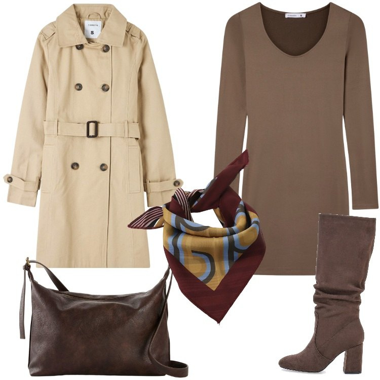 Outfit donna - Trench Season. Stile Casual chic per Tutti i giorni. Abbinamento con borse a tracolla, vestiti corti, trench, foulard, stivali sopra il ginocchio.