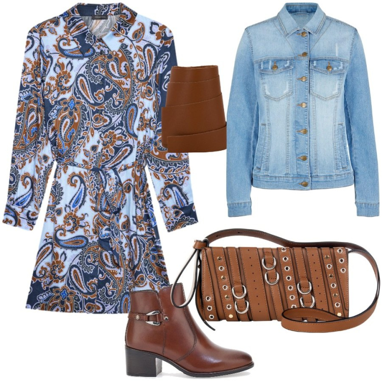 Outfit donna - Toni azzurri. Stile Casual per Tutti i giorni. Abbinamento con blazer, borse a spalla, cinture, vestiti chemisier, stivaletti.