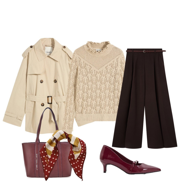Outfit donna - Naturale eleganza. Stile Minimal per Tutti i giorni. Abbinamento con maglieria, trench, décolleté, pantaloni, foulard, shopping bag.