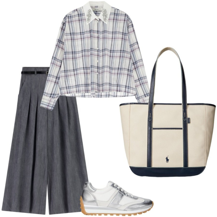 Outfit donna - Ottobre minimal. Stile Minimal per Scuola/Università. Abbinamento con pantaloni a palazzo, camicie, sneakers, borse tote.