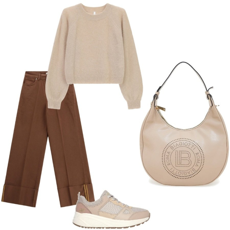 Outfit donna - Stile minimal. Stile Minimal per Ufficio. Abbinamento con maglieria, pantaloni a palazzo, sneakers, borse a spalla.
