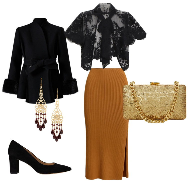 Outfit donna - Un tocco di Halloween. Stile Chic Abbinamento con cappotti, top, gonne, décolleté, orecchini, clutch.
