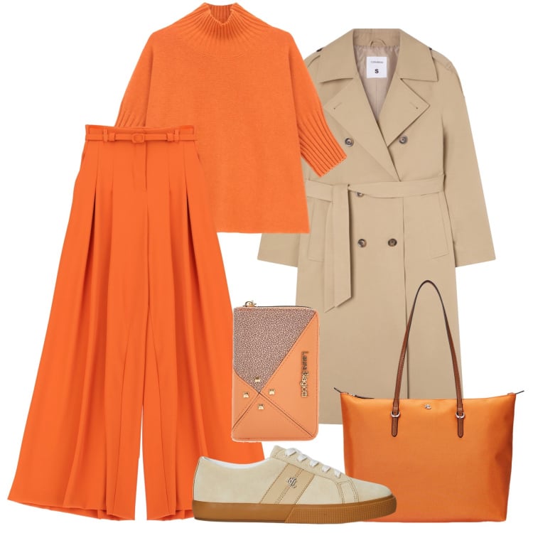 Outfit donna - Arancio al lavoro - @laurafo. Stile Casual chic per Ufficio. Abbinamento con trench, pantaloni a palazzo, maglieria, borse tote, sneakers, portafogli.