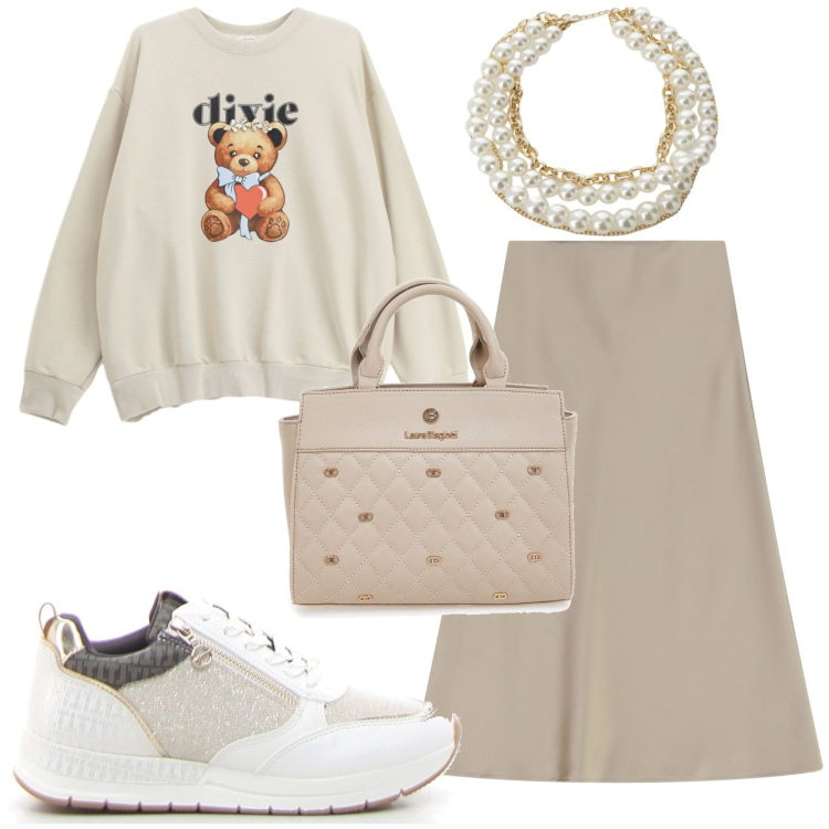 Outfit donna - Romantica e comoda. Stile Casual chic per Serata fuori. Abbinamento con gonne longuette, collane, felpe, borse a mano, sneakers alte.