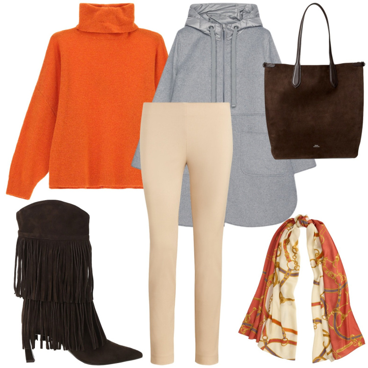 Outfit donna - Arancione e frange. Stile Casual chic per Serata fuori. Abbinamento con maglieria, stivali, borse tote, sciarpe, pantaloni skinny, cappotti.