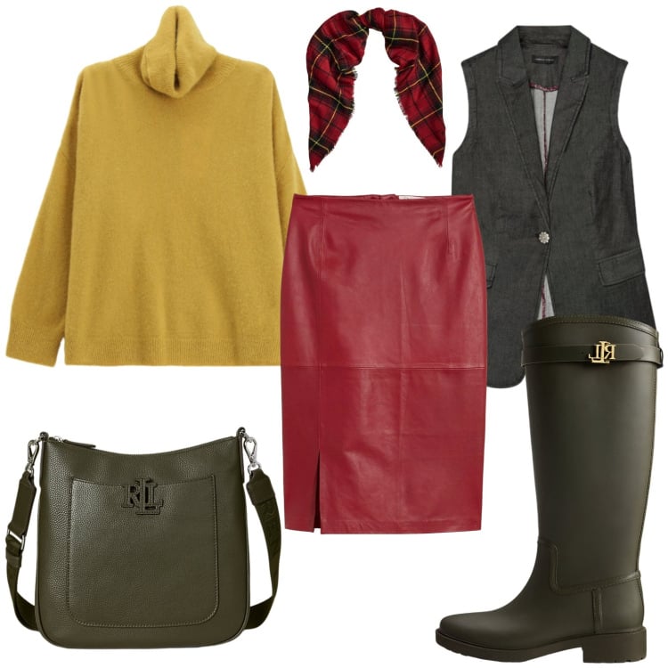 Outfit donna - Colori bilancia ispirazione scozzese. Stile Glamour per Serata fuori. Abbinamento con gonne, maglieria, borse a tracolla, stivali di gomma, sciarpe, gilet.