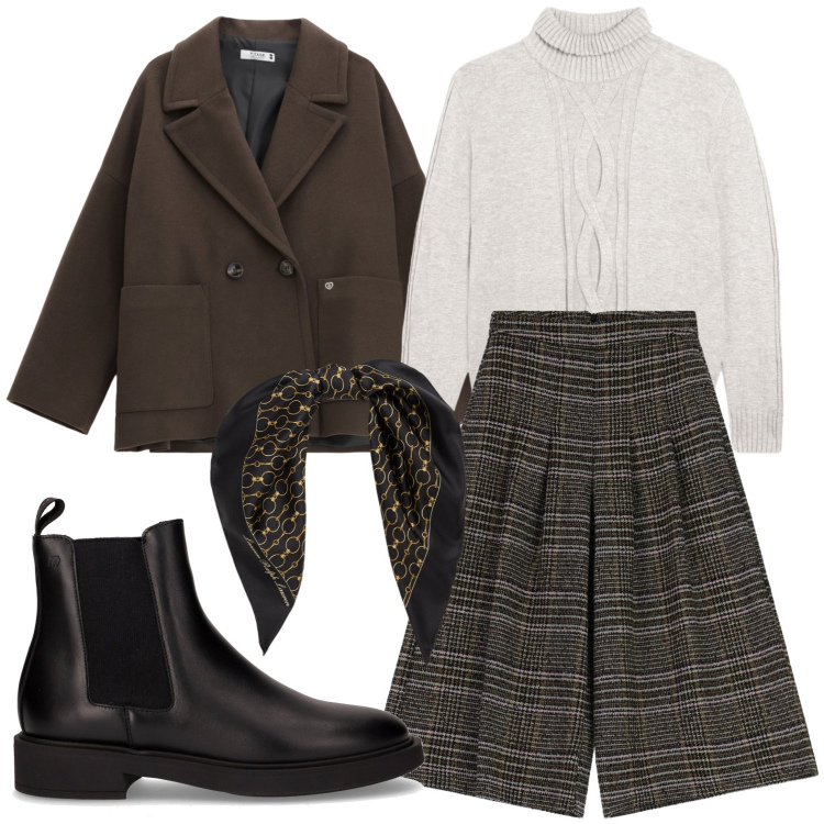 Outfit donna - Semplicità eccentrica. Stile Casual chic per Tutti i giorni. Abbinamento con cappotti, pantaloni a palazzo, maglieria, foulard, stivaletti.