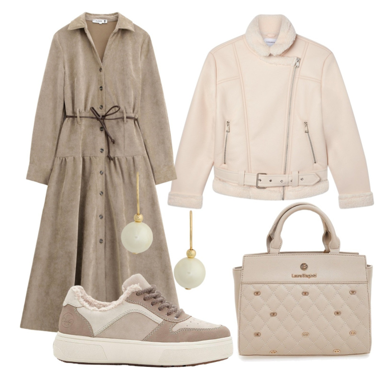 Outfit donna - Abito lungo e scarpa comoda. Stile Casual per Tutti i giorni. Abbinamento con sneakers, bomber, vestiti lunghi, orecchini, borse a mano.