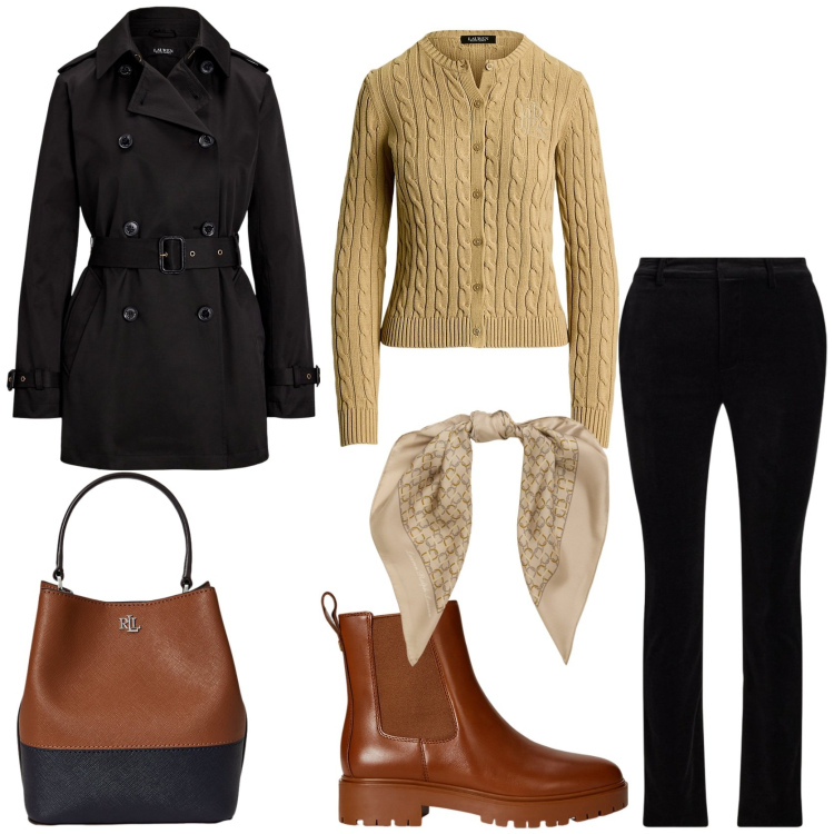 Outfit donna - Trench protagonista. Stile Urban per Tutti i giorni. Abbinamento con stivaletti chelsea, cardigans, borse a secchiello, foulard, pantaloni, trench.