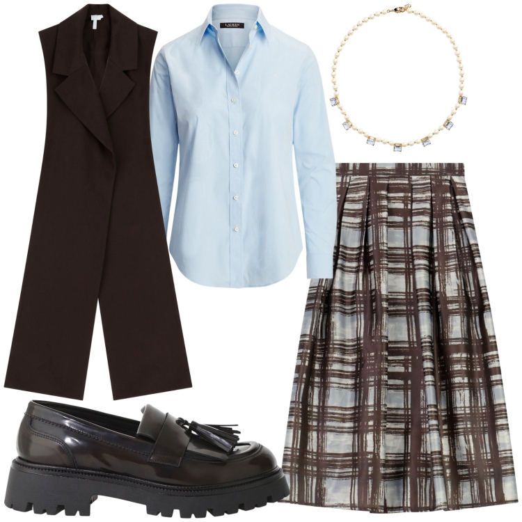 Outfit donna - Cielo e terra. Stile Chic per Ufficio. Abbinamento con gilet, gonne lunghe, mocassini, camicie, collane.