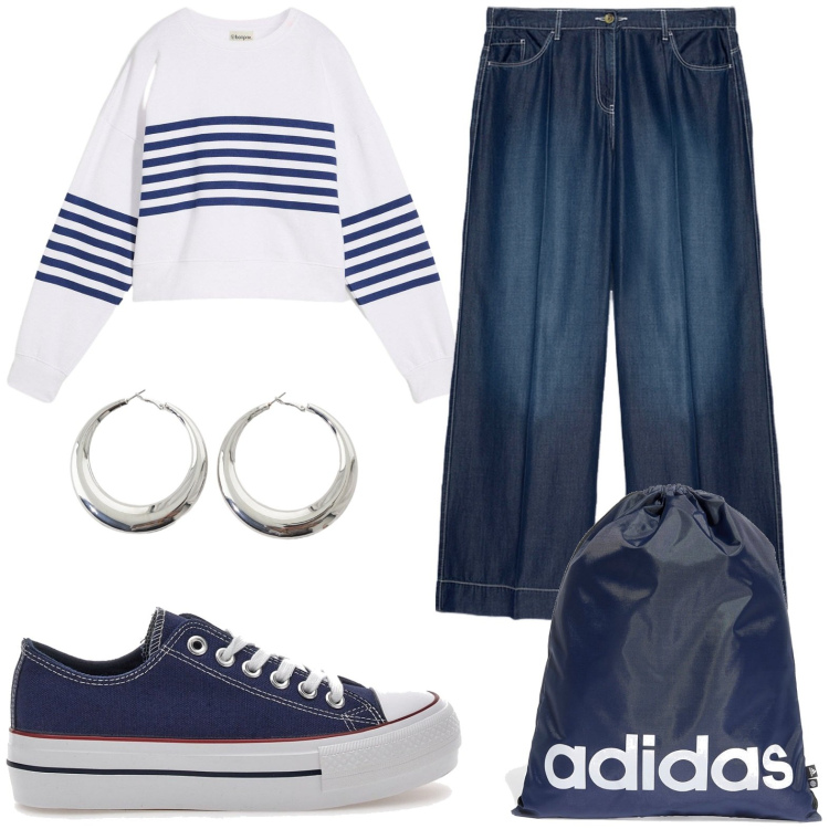 Outfit donna - Jeans e righe. Stile Casual per Tutti i giorni. Abbinamento con felpe, orecchini, zaini, sneakers, pantaloni.