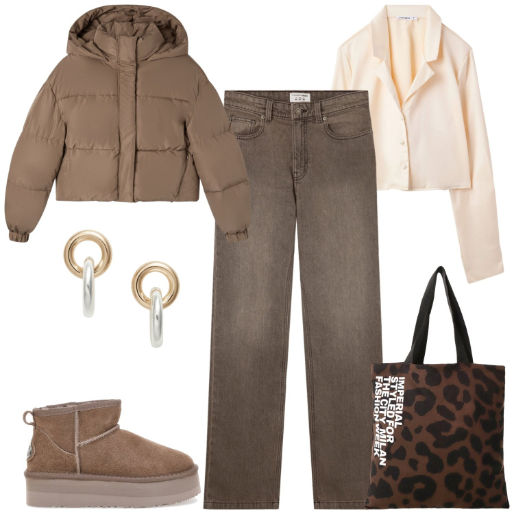 Outfit donna - Total look #2261129. Stile Casual per Tutti i giorni. Abbinamento con camicie, jeans bootcut, bomber, shopping bag, orecchini, stivaletti.