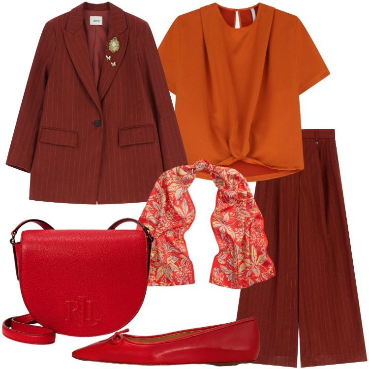 Outfit donna - Autunno a colori vivaci - @laurafo. Stile Urban per Tutti i giorni. Abbinamento con t-shirt, blazer, pantaloni a palazzo, ballerine, foulard, borse a tracolla.