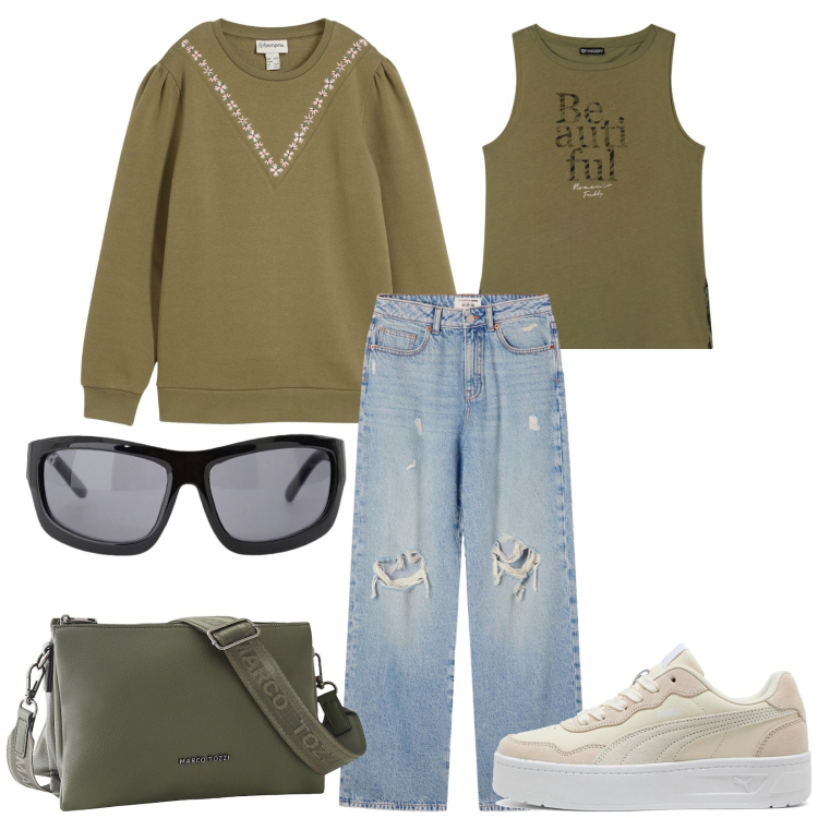 Outfit donna - Total look #2261131. Stile Casual per Tutti i giorni. Abbinamento con borse a tracolla, felpe, jeans strappati, occhiali da sole, canottiere, sneakers.