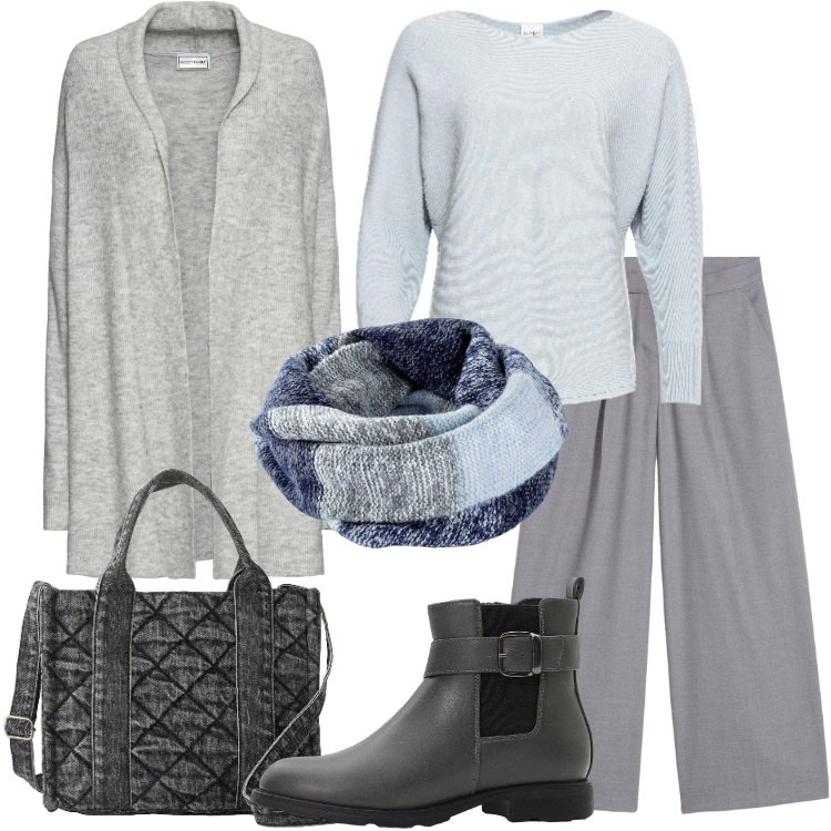 Outfit donna - bonprix - Neutral by Nature. Stile Minimal per Tutti i giorni. Abbinamento con cardigans, maglieria, foulard, stivaletti chelsea, borse a mano, pantaloni.