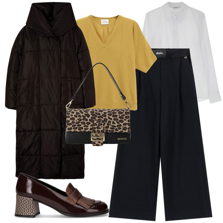 Outfit donna - City. Stile Urban per Tutti i giorni. Abbinamento con cappotti, borse a spalla, camicie, pantaloni a palazzo, maglieria, mocassini.