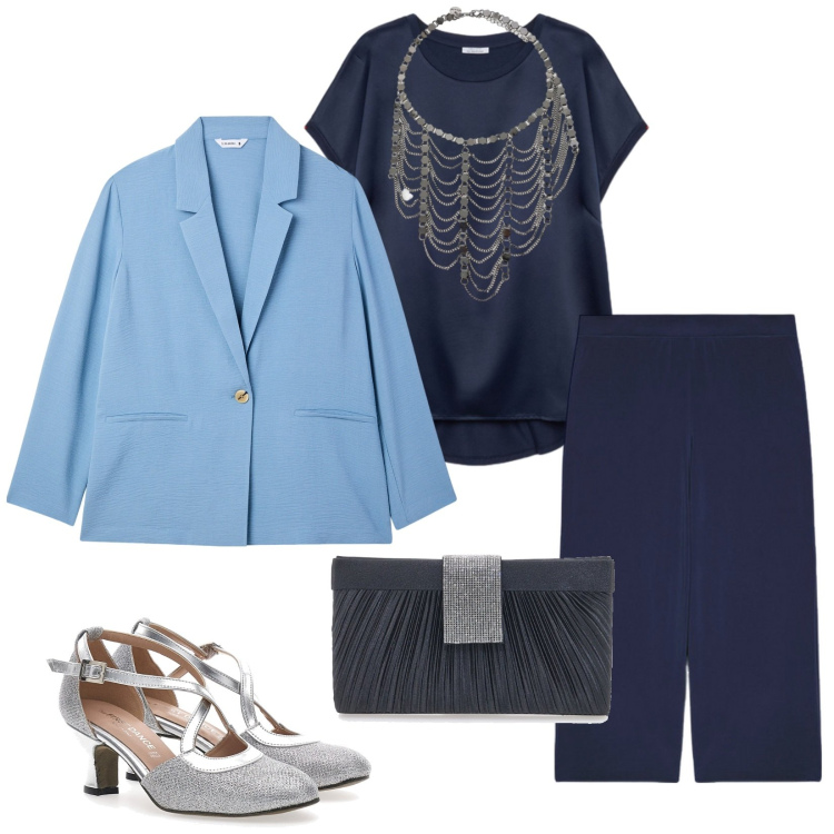 Outfit donna - Total look #2261138. Stile Glamour per Cerimonia. Abbinamento con blazer, collane, scarpe col tacco, bluse, pochette, pantaloni.