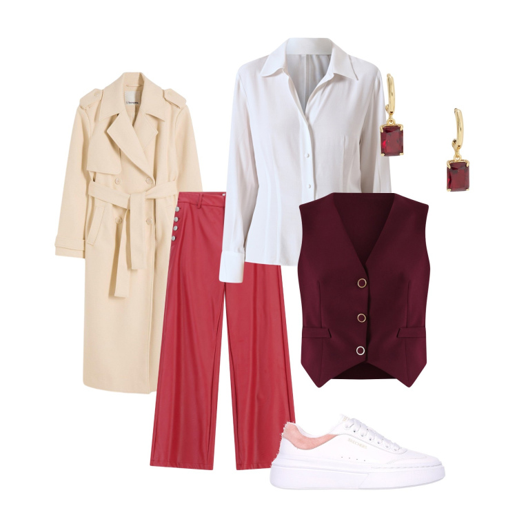 Outfit donna - Giornata in trench. Stile Casual chic per Ufficio. Abbinamento con trench, pantaloni a palazzo, gilet, camicie, orecchini, sneakers.