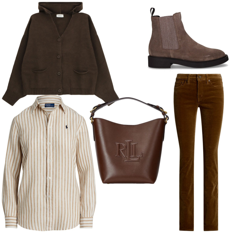 Outfit donna - Marrone protagonista. Stile Casual per Tutti i giorni. Abbinamento con cardigans, pantaloni, borse a secchiello, camicie, stivaletti chelsea.