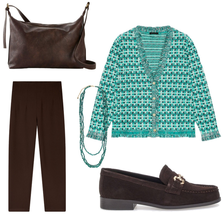 Outfit donna - Basica in ufficio. Stile Casual per Ufficio. Abbinamento con borse a tracolla, pantaloni chino, cardigans, mocassini, collane.