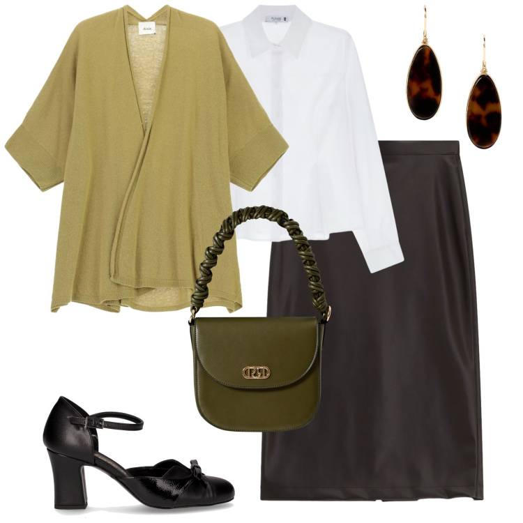 Outfit donna - City. Stile Urban per Tutti i giorni. Abbinamento con camicie, borse a mano, cardigans, gonne longuette, orecchini, décolleté.