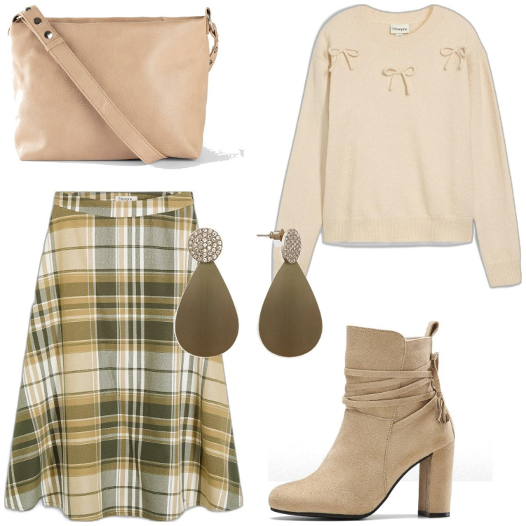 Outfit femme - Romance retro. Style Tendance pour Tous les jours. Assortir avec jupes au genou, bottines, boucles d'oreilles, sacs à main, pulls.