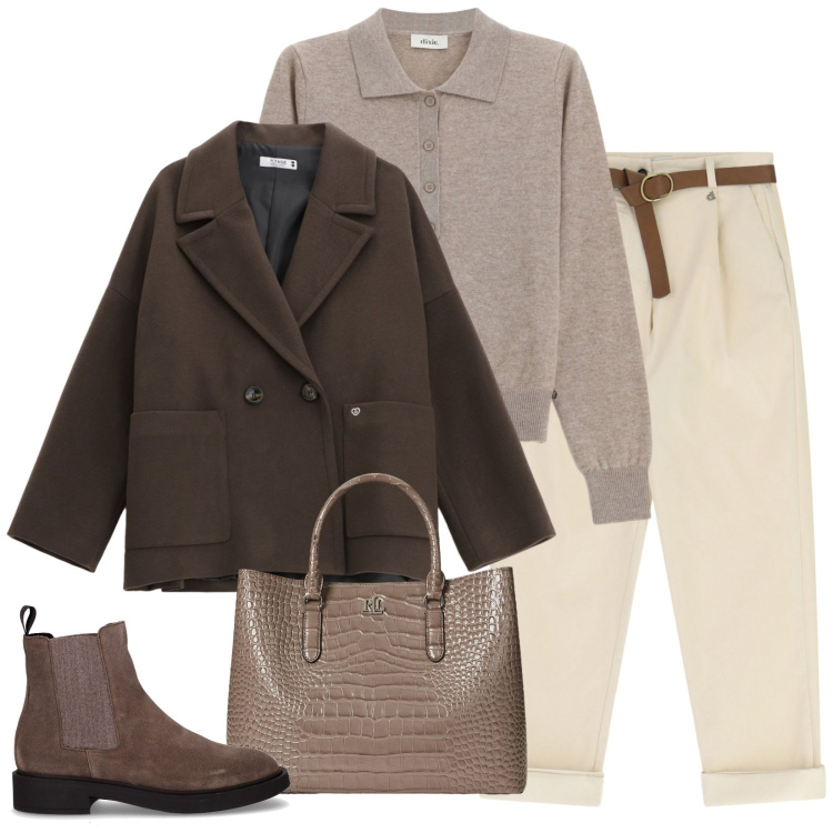 Outfit donna - Colori tortora. Stile Minimal per Tutti i giorni. Abbinamento con cappotti, pantaloni, pullovers, borse a mano, stivaletti chelsea.