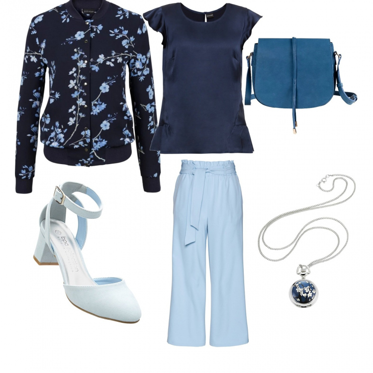 Outfit donna - Eleganza semplice. Stile Bon Ton per Tutti i giorni. Abbinamento con bomber, pantalone a culottes con cintura blu, collane, blusa con volant e scollo blu, décolleté pumps con cinturino e fibbia blu, borsa a tracolla sport in denim.