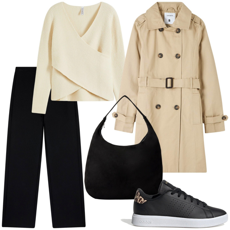 Outfit donna - Total look #2261151. Stile Casual per Tutti i giorni. Abbinamento con maglieria, pantaloni, borse a mano, trench, sneakers.