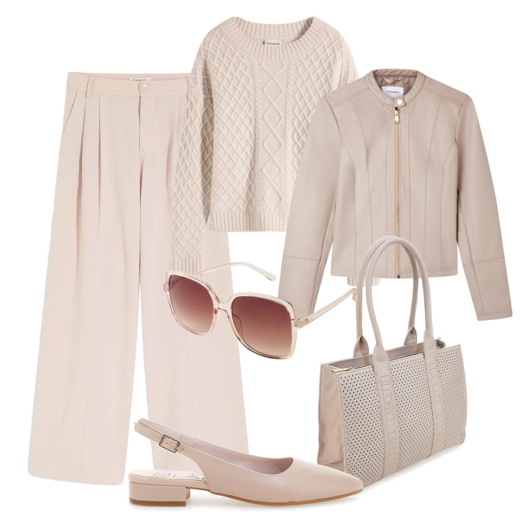 Outfit donna - Autunno neutro H24. Stile Casual chic per Tutti i giorni. Abbinamento con pantaloni, maglieria, occhiali da sole, giacche, ballerine, borse a spalla.