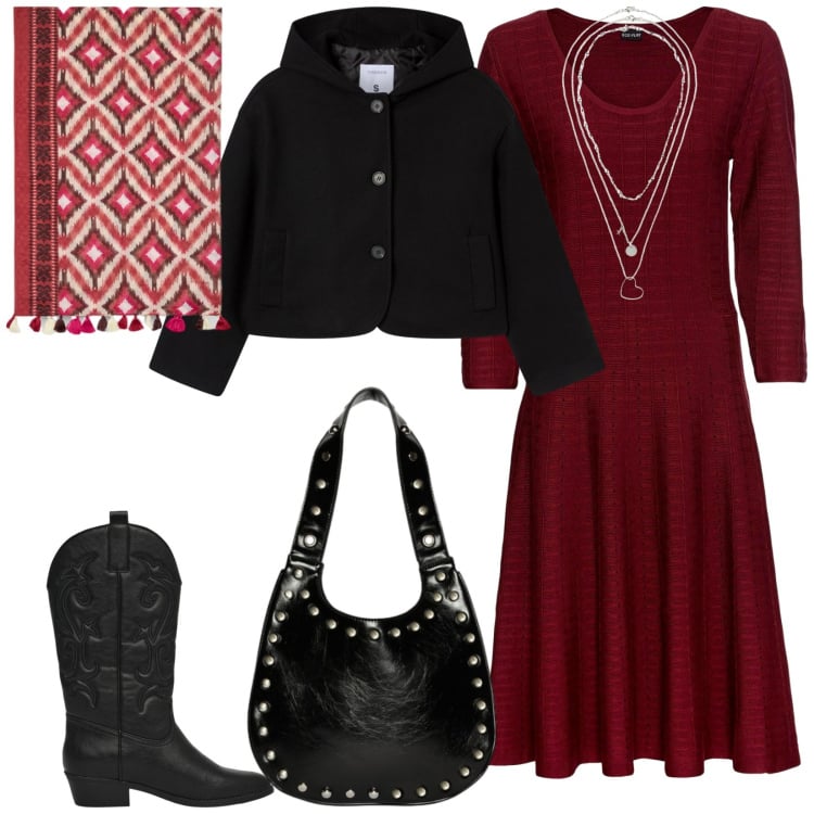 Outfit donna - Total look #2261156. Stile Chic per Serata fuori. Abbinamento con vestiti, collane, stivaletti texani, caban, borse a spalla, sciarpe.