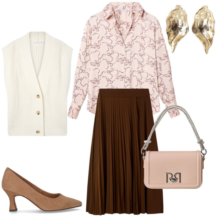 Outfit donna - Atmosfera romantica. Stile Casual chic per Tutti i giorni. Abbinamento con gilet, gonne lunghe, camicie, borse a mano, orecchini, décolleté.