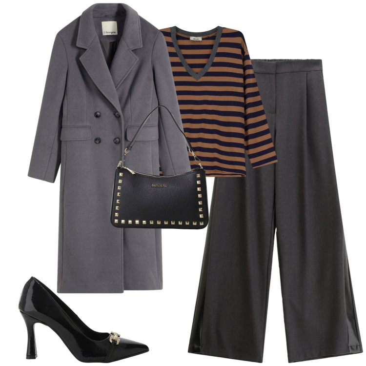Outfit donna - Ottobre. Stile Urban per Tutti i giorni. Abbinamento con cappotti, pantaloni, pochette, décolleté, maglieria.