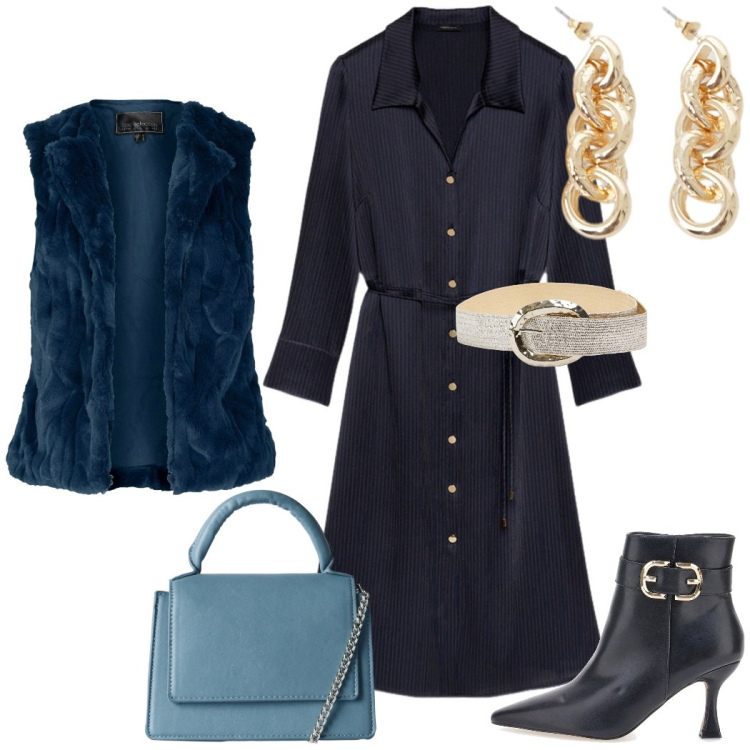 Outfit donna - Blu tono su tono. Stile Chic per Serata fuori. Abbinamento con gilet, borse a tracolla, cinture, orecchini, stivaletti, vestiti lunghi.