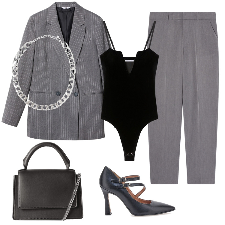 Outfit donna - Il gessato grigio. Stile Chic per Cerimonia. Abbinamento con collane, borse a tracolla, blazer, body, pantaloni chino, décolleté.