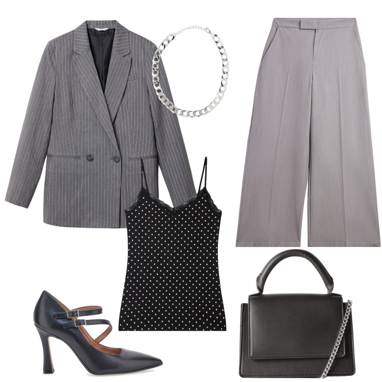 Outfit donna - Total look #2261166. Stile Glamour per Cerimonia. Abbinamento con collane, borse a tracolla, blazer, magliette intime, pantaloni a palazzo, décolleté.