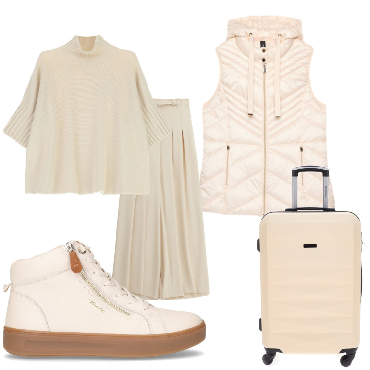 Outfit donna - Total look #2261167. Stile Casual chic per Scuola/Università. Abbinamento con pantaloni a palazzo, maglieria, valigie, sneakers, piumini.